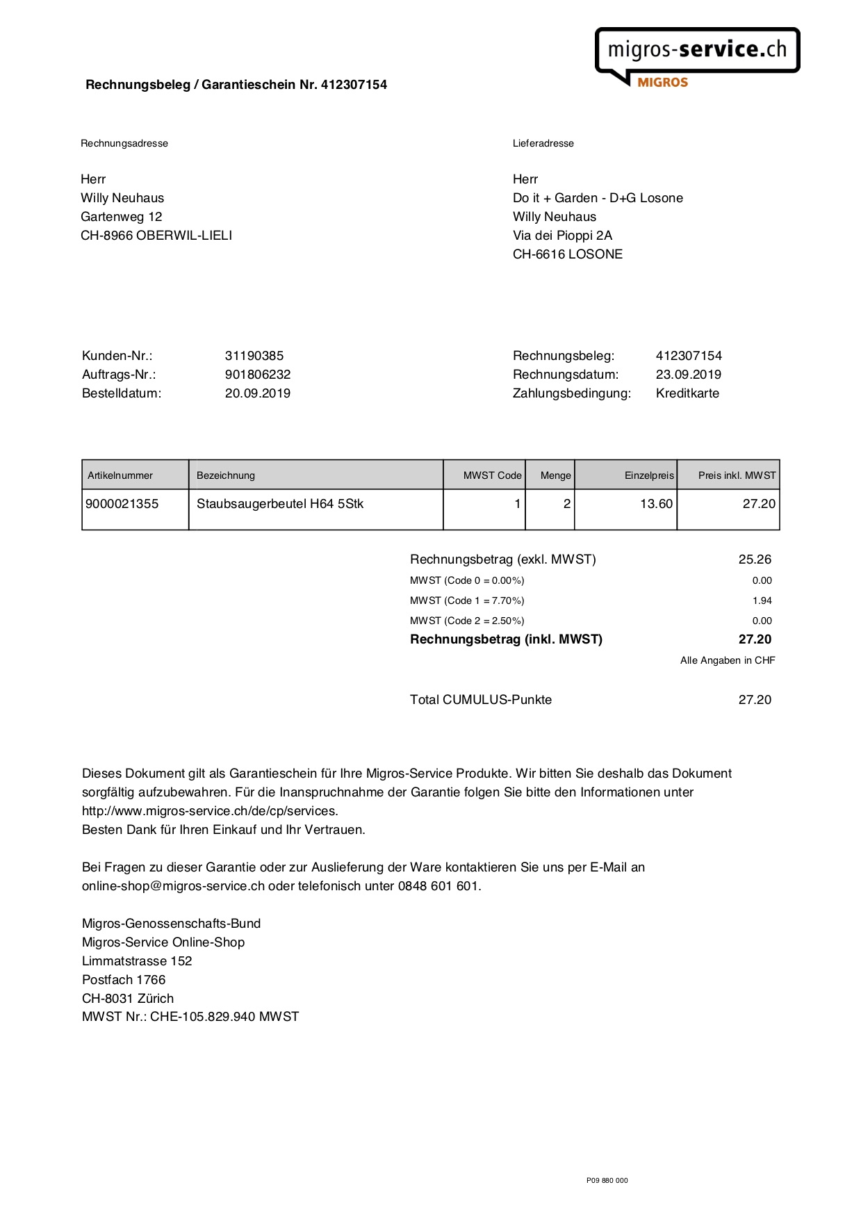 Garantieschein Staubsaugerbeutel